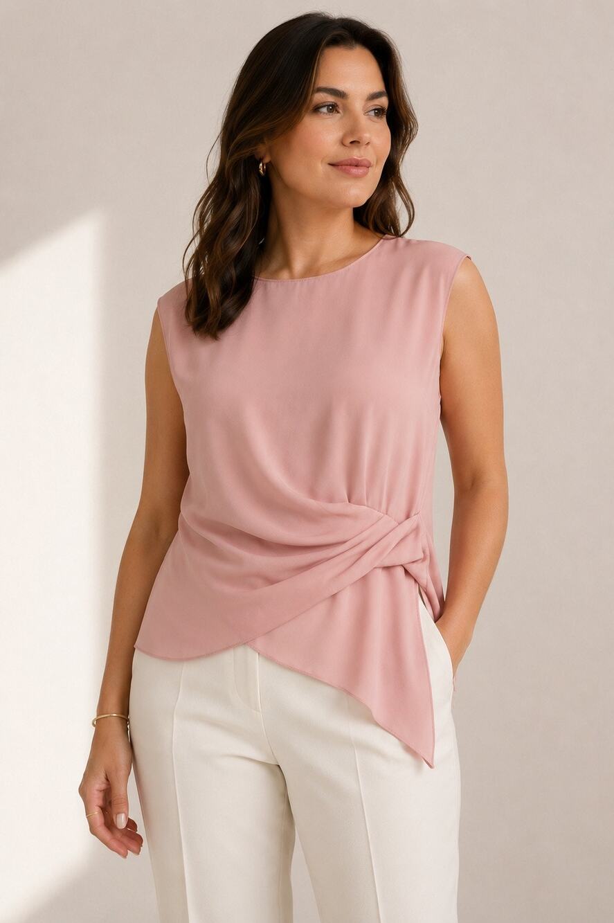 Theory 100% Silk Twisted Asymmetrical Sleeveless Blouse Pink Large Quiet Luxury